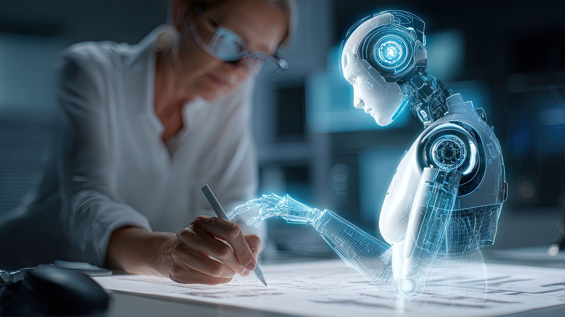 A woman interacts with a holographic robot at a desk, appearing to collaborate on a digital interface in a modern, high-tech setting.