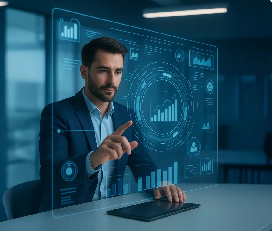 Business leader reviewing AI-powered analytics and automation dashboard.