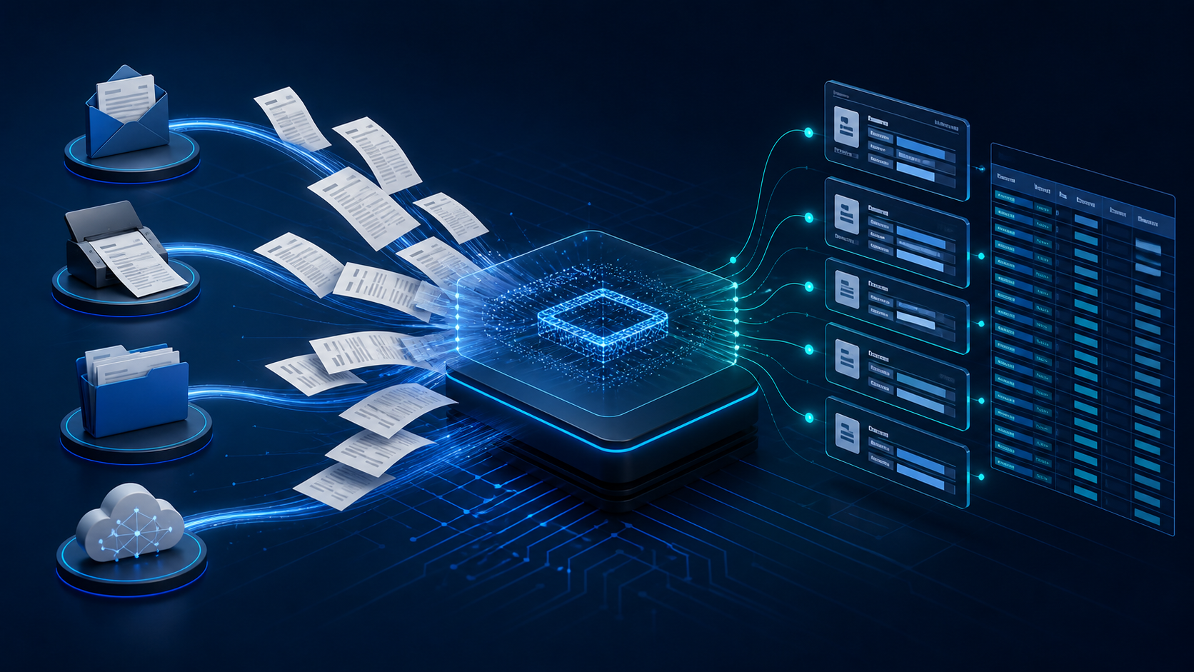 AI-powered data capture workflow showing documents from multiple sources being classified and converted into structured data.