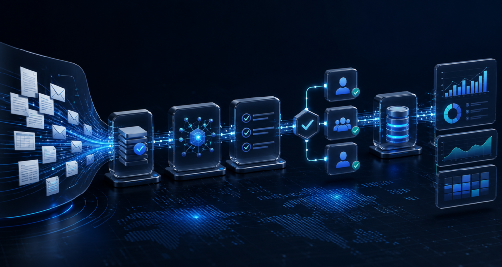 AI-powered data processing workflow showing validation, routing, automation, and reporting across connected business systems.