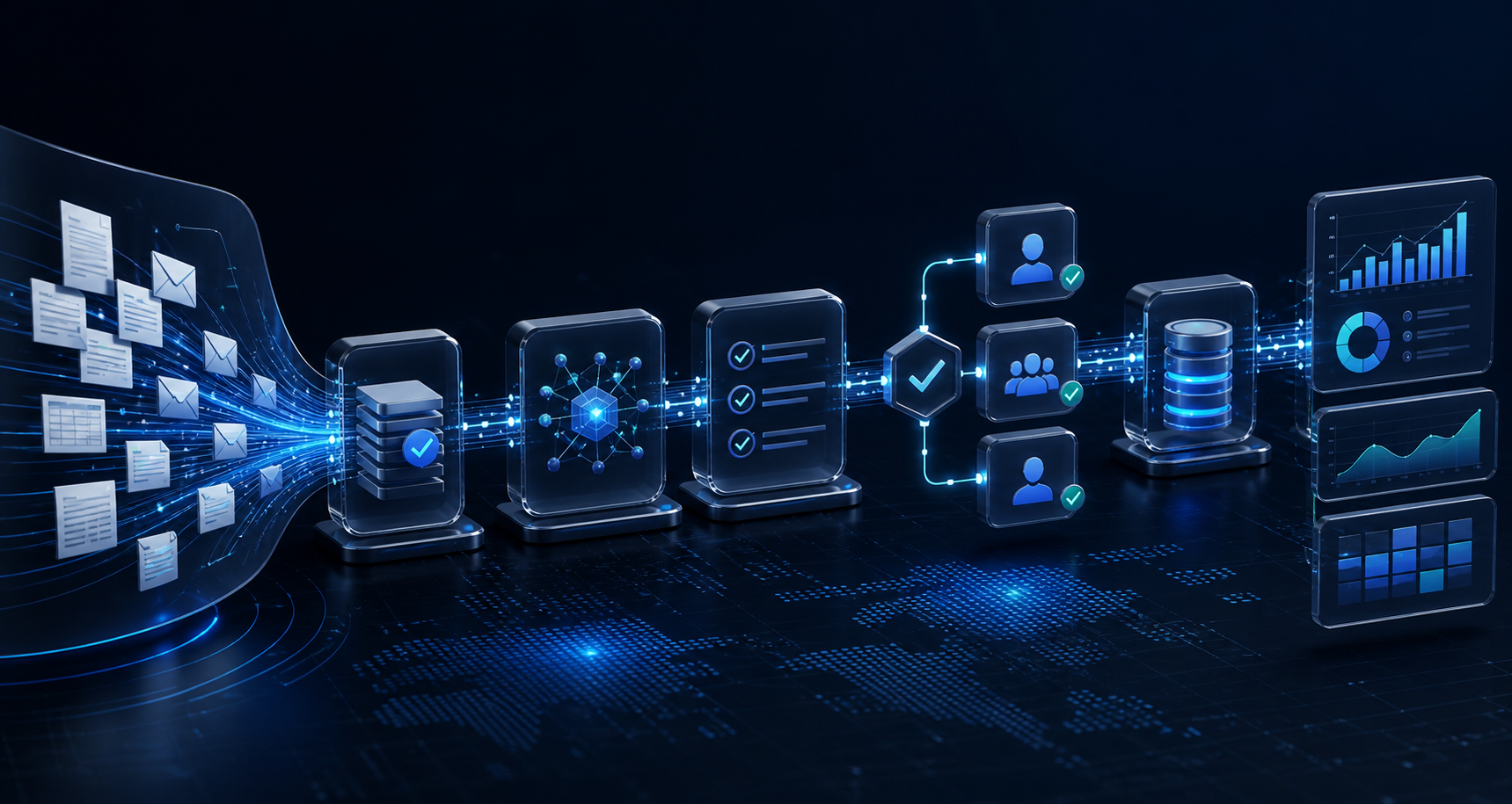 AI-powered data processing workflow showing validation, routing, automation, and reporting across connected business systems.